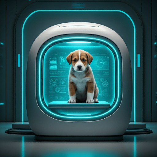 Futuristic pet breeding laboratory featuring a puppy in a sleek diagnostic pod with blue interface elements