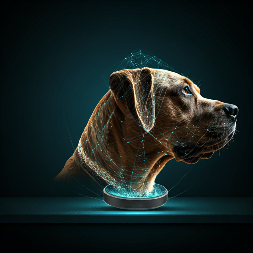 Abstract representation of dog health as a shimmering web of light and data particles emanating from a smart collar