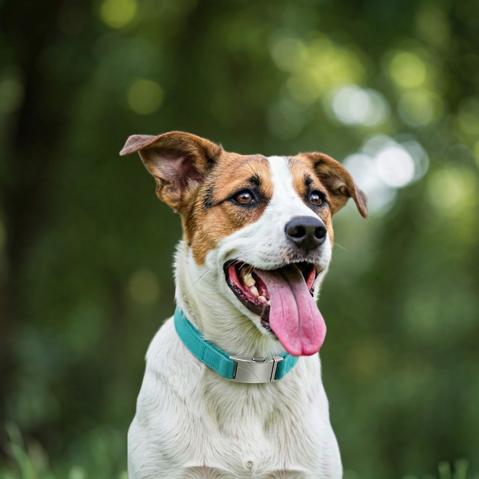 Happy active dog with monitoring collar